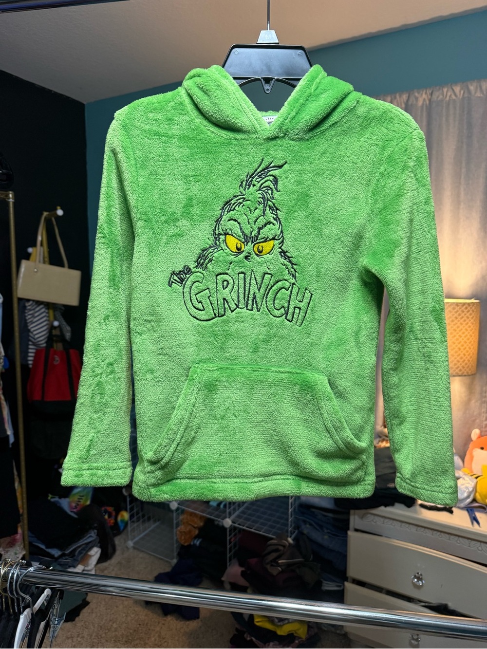 The Grinch Green Plush Fleece Hoodie XS Embroidered Dr Seuss